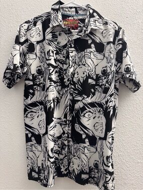 Black & White Manga Print Short Sleeve Button-Down Shirt